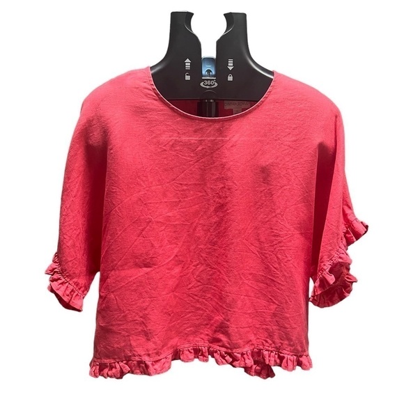 Cynthia Rowley Berry Pink Coral 100% Linen Ruffles Shirt Cropped Top Size Large - Picture 1 of 10